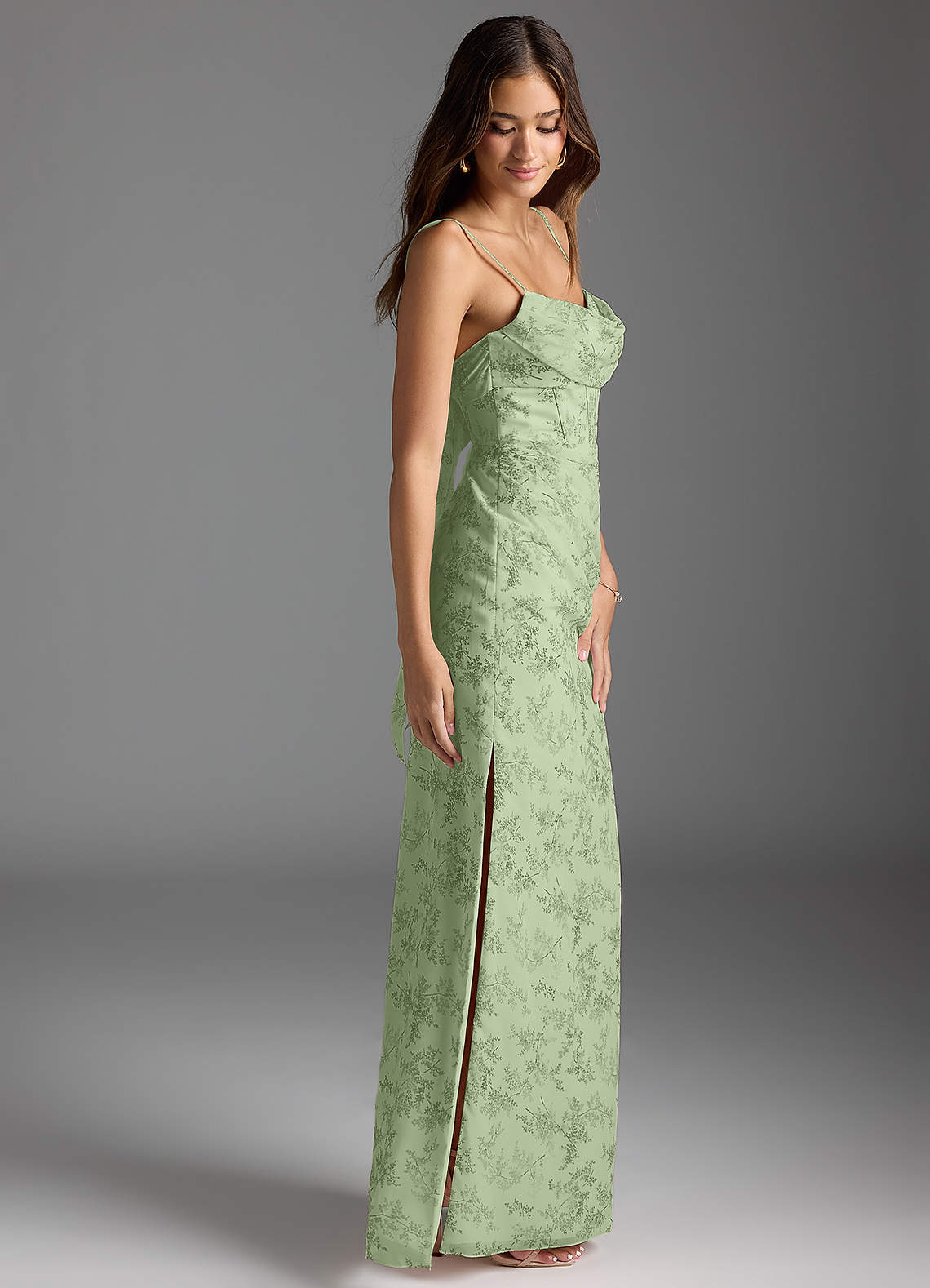 Azazie Mai Bridesmaid Dresses Green Fern Floral Sheath Pleated Chiffon Dress image2