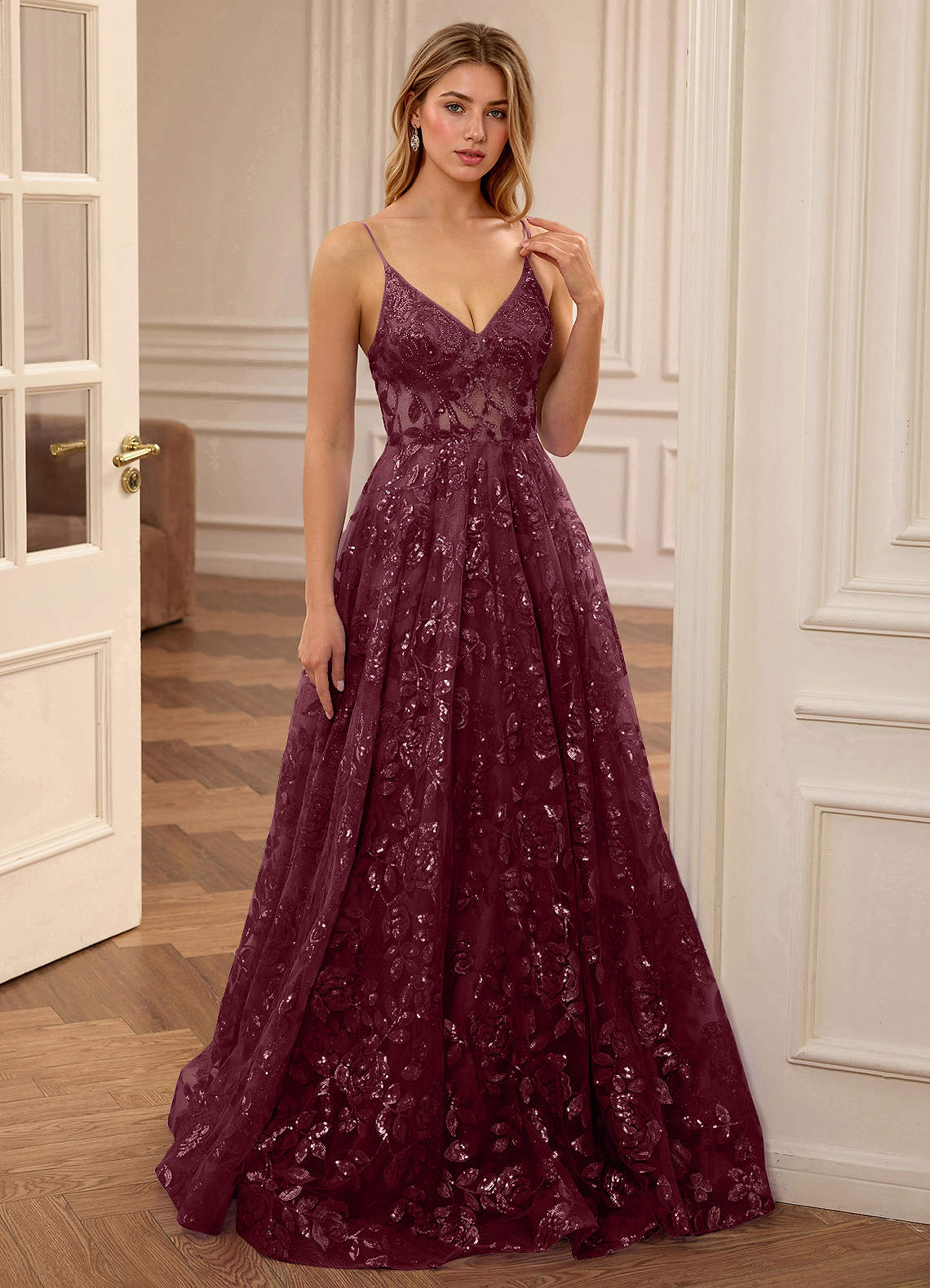 burgundy lace v neck dress Juliette V-neck A-line Sequin Embroidery Floral Prom Size:20 AU blending sophistication with boldness collection_full price Blue by Enzoani: Posie
