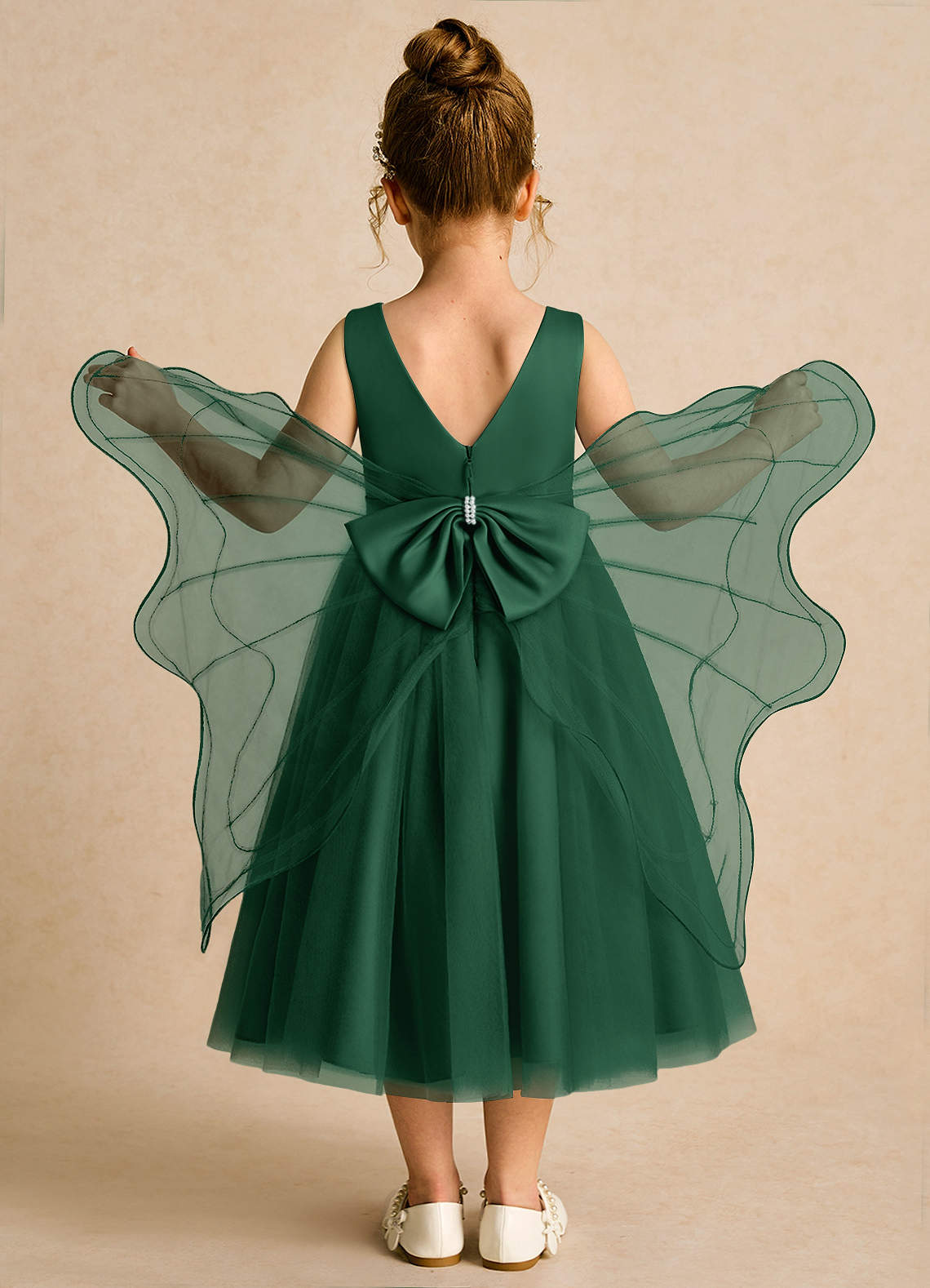 Azazie Pear Flower Girl Dresses Dark Green Ball-Gown Bow Tulle Dress image1