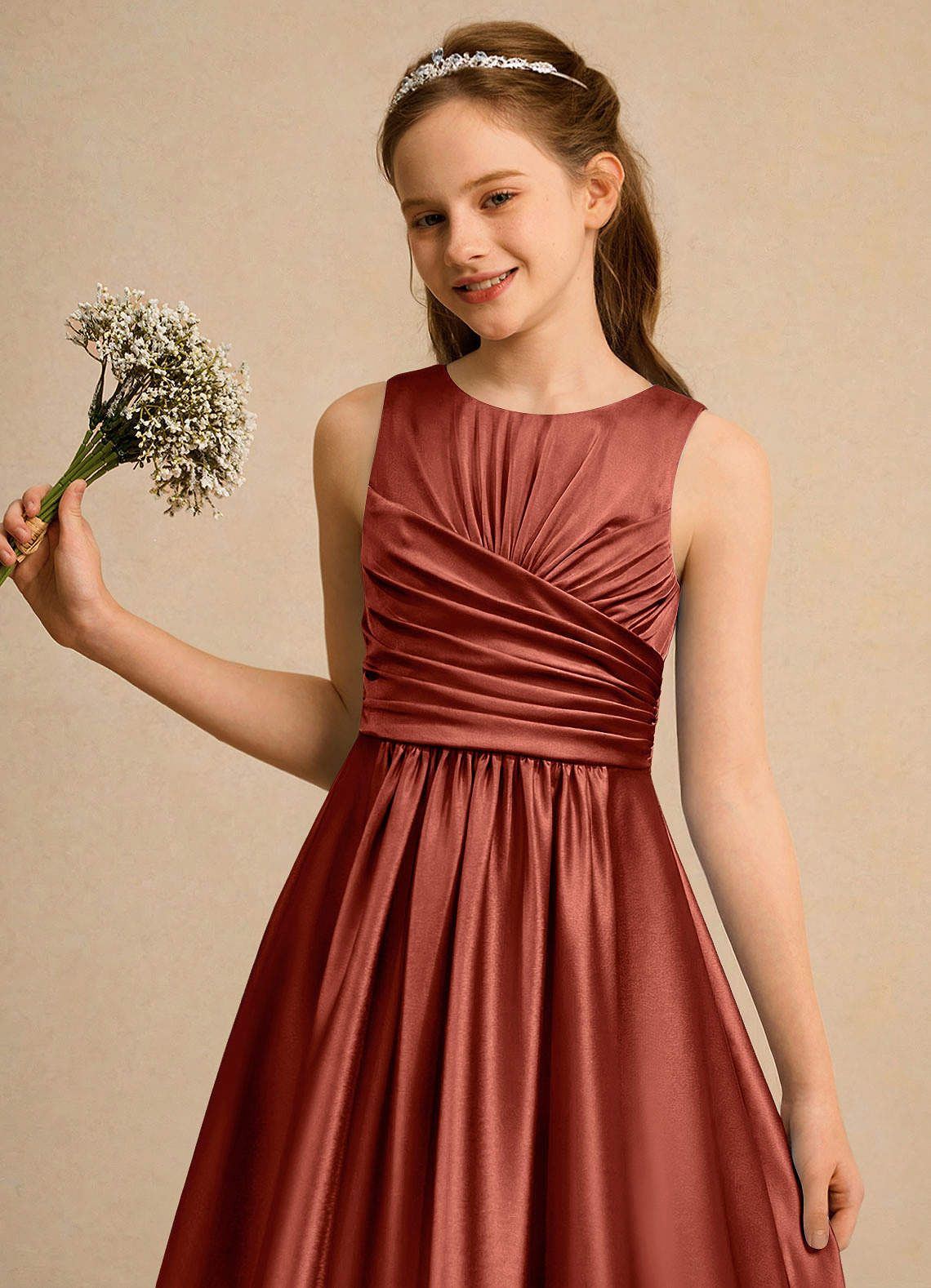 Azazie Ducky Girls Formal Kukkatyttöjen mekot A-linja Laskostettu Joustava satiini Nilkan pituus Mekko image5