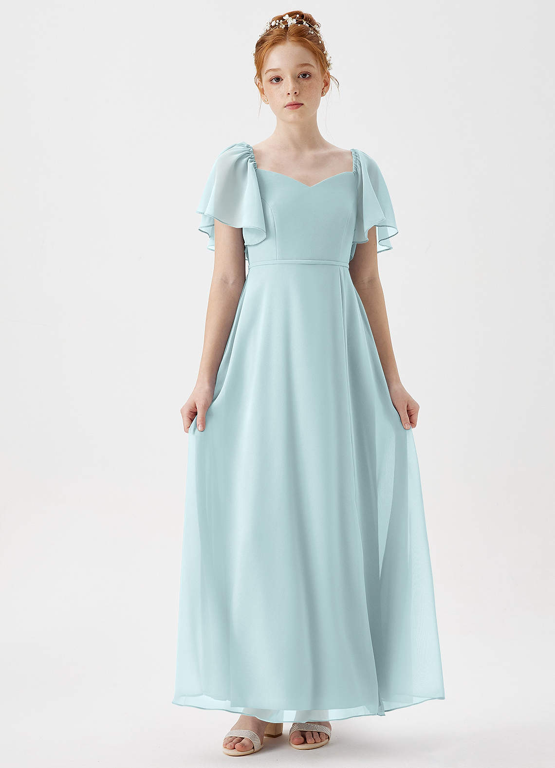 Azazie Chloe Junior Robe Trapèze en Mousseline de soie Encolure en Forme de Cœur Brume image1