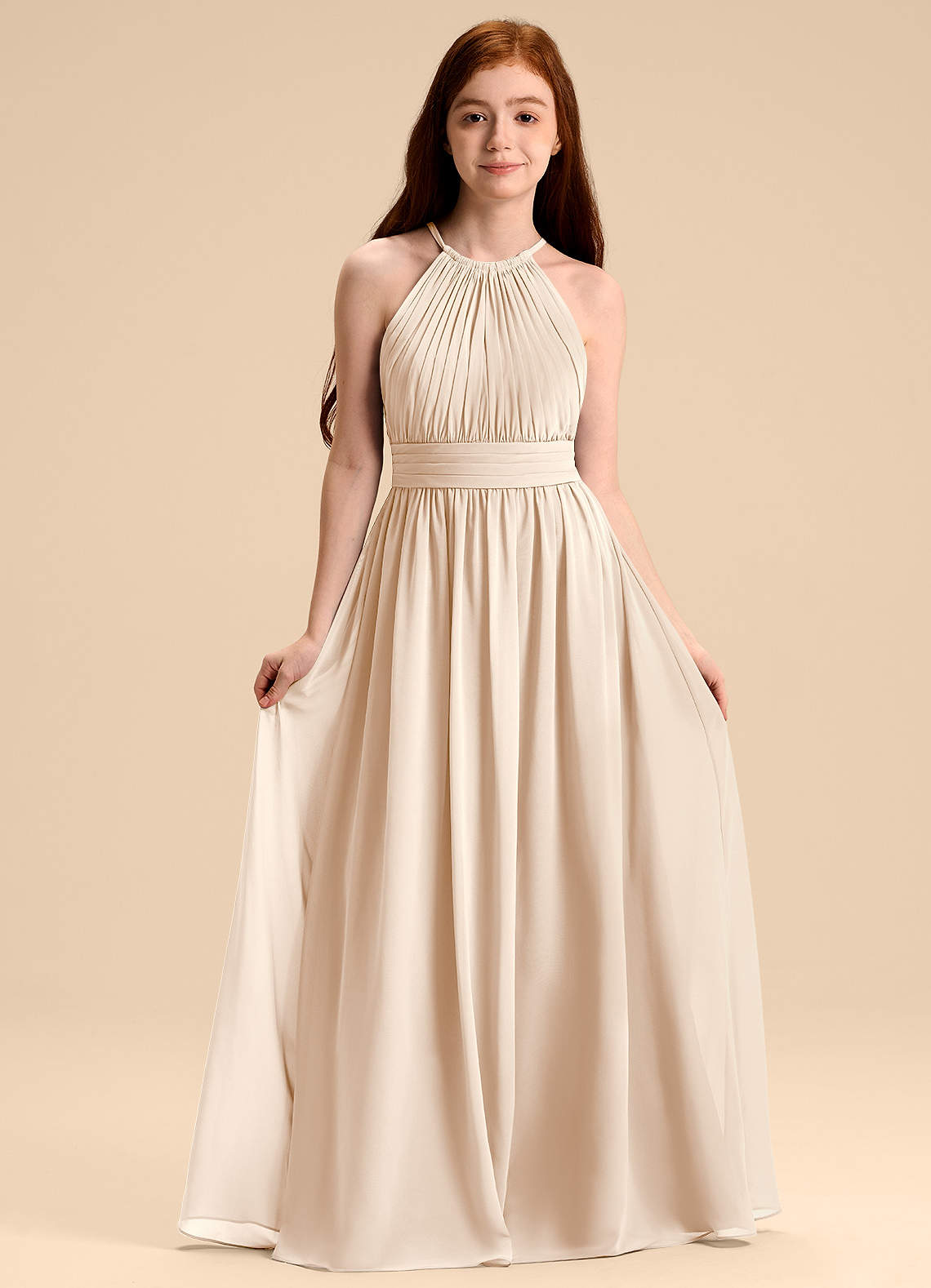 Azazie Malone Junior A-Linie Plissee Chiffon Kleid Alabaster Weiß image1