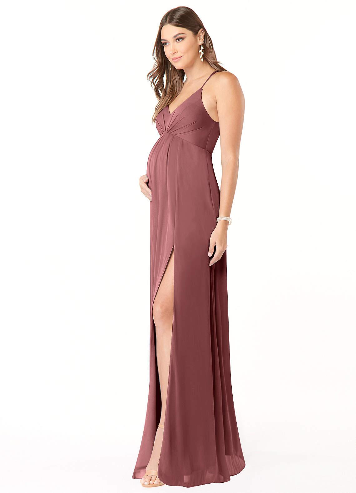 Azazie Annabelle Maternity Bridesmaid Dresses A-Line V-Neck Pleated Mesh Floor-Length Dress image3