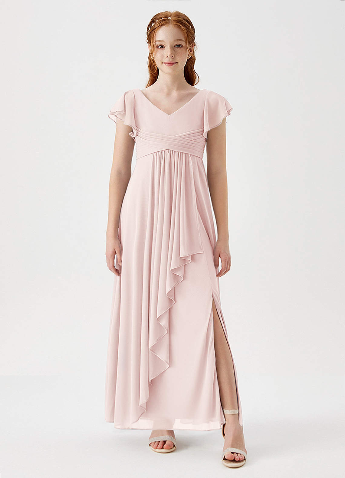 Azazie Omari Junior Vestido de Pétalo De Rosa de Malla de Corte En A con Plisado image1