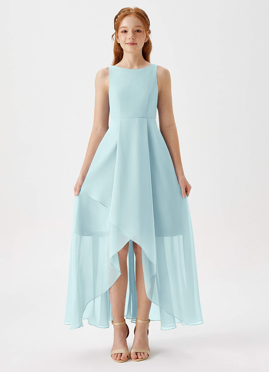 Azazie Lizette Junior Abito A-Line in Chiffon Plissettato Sea Glass image2