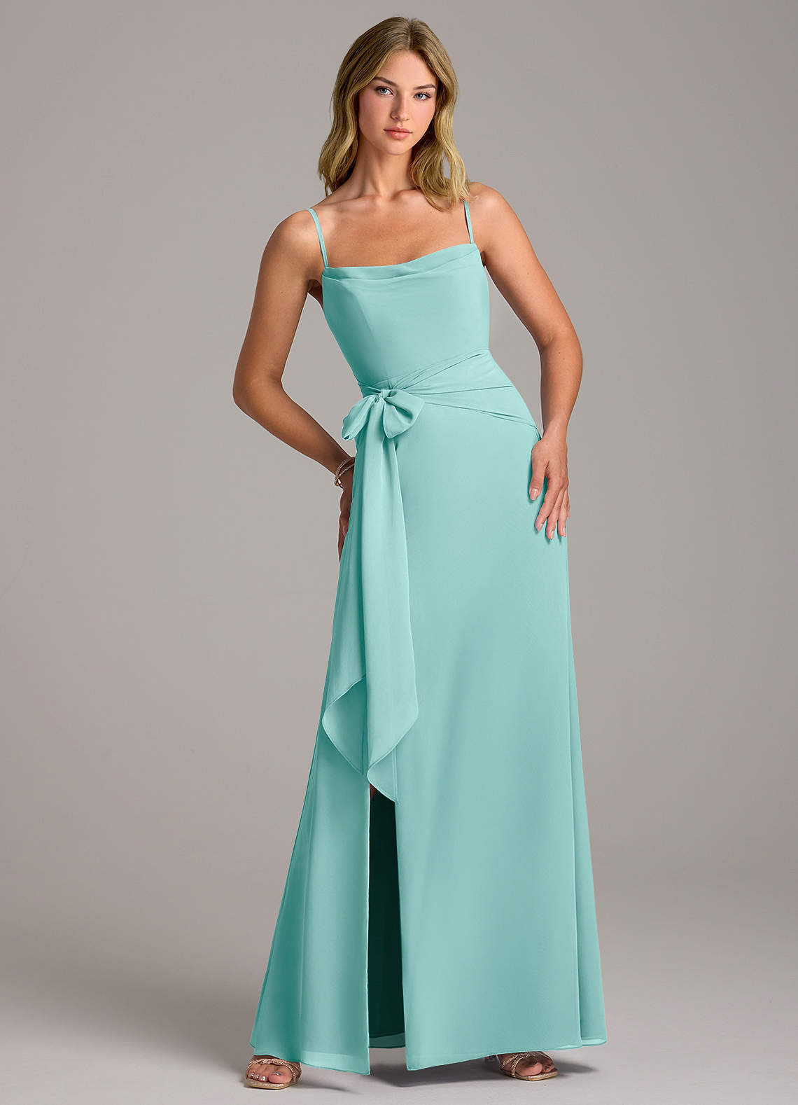 Azazie Tahlia Bridesmaid Dresses Aqua A-Line with Belt Chiffon Dress image1