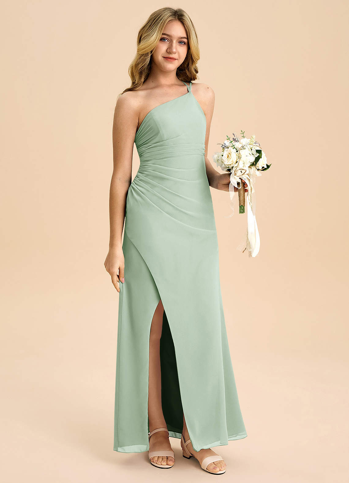 Azazie Eren Junior Vestido Agave de Chiffon de Linha A com Plissado image2