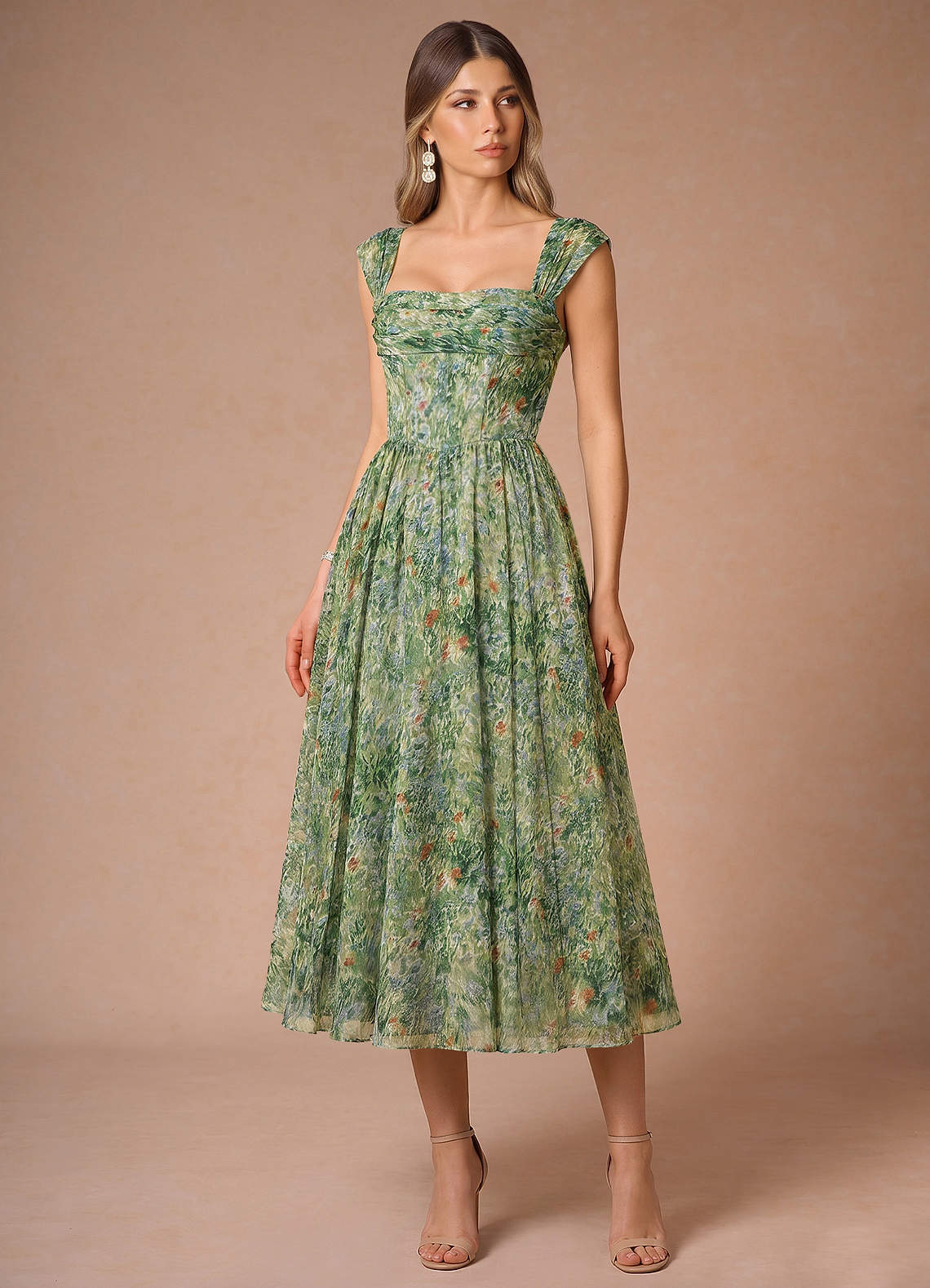 hazel green color dress Floral Midi Puff sleeves