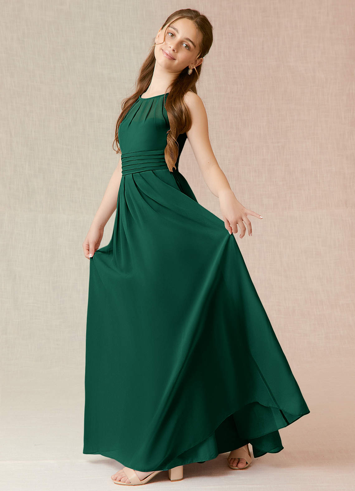 Azazie Bibiane Junior Emerald A-Line Pleated Chiffon Dress image2