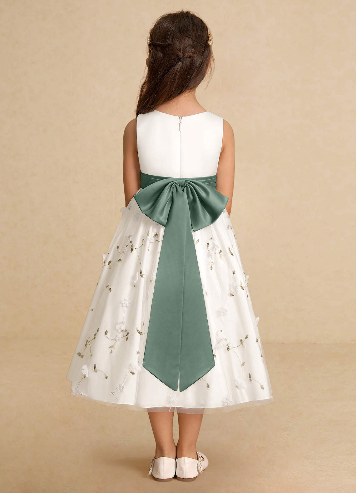 Azazie Pollie Flower Girl Dresses Ivory Eucalyptus A-Line Bow Tulle Dress image5