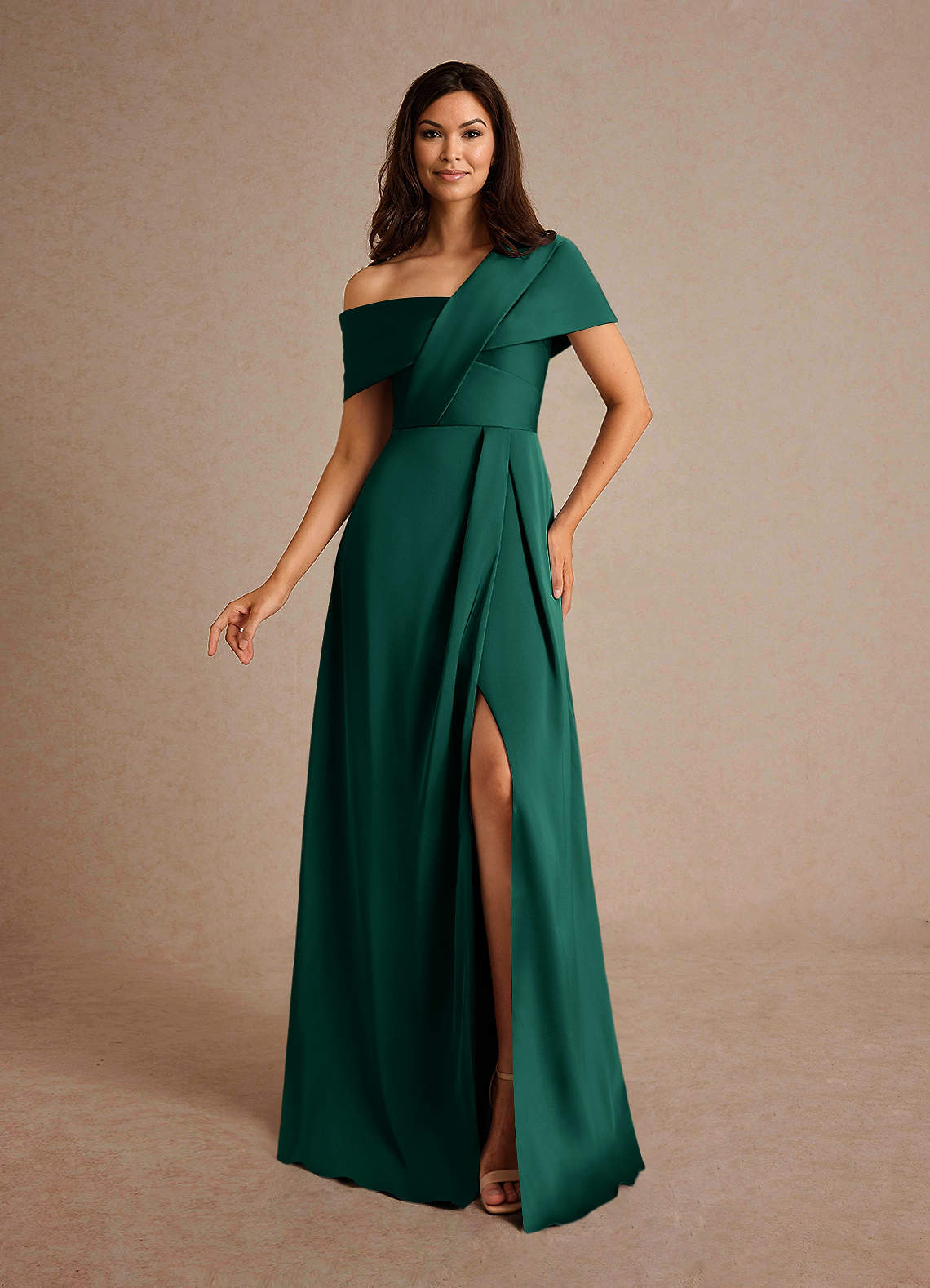Azazie Milton Emerald A-Line Pleated Stretch Satin Dress | Azazie