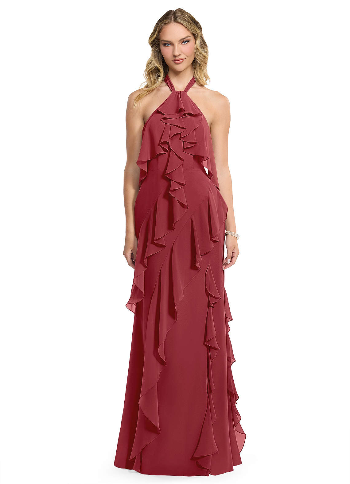 Azazie Velma Bridesmaid Dresses Pomegranate A-Line Side Slit Chiffon Dress image1