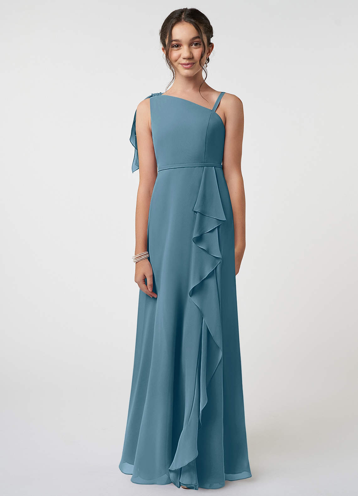 Azazie Aidy Junior A-Linie Schleifen Chiffon Kleid Bermudablau image1