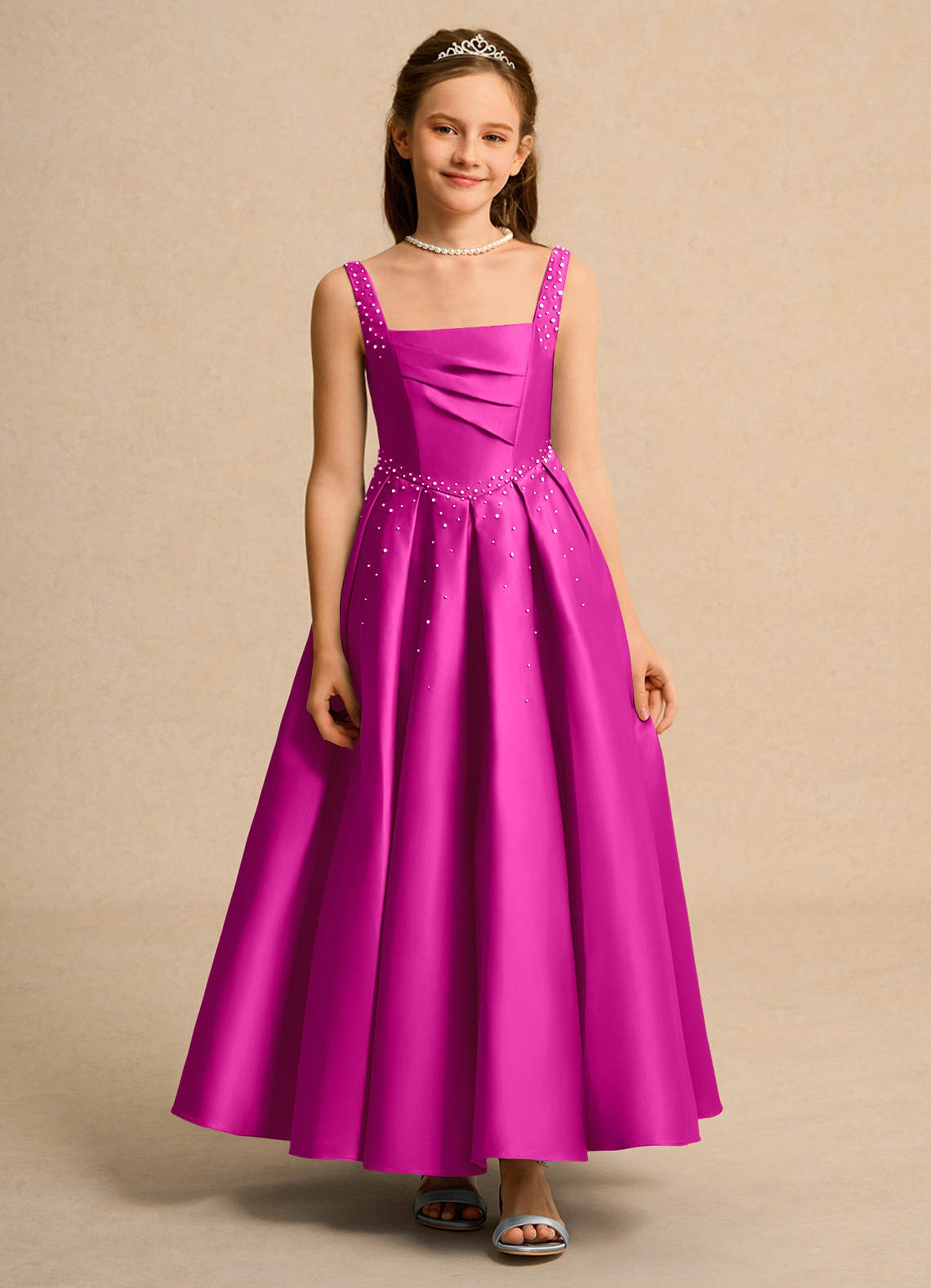 Azazie Mochi Girl Flower Girl Dresses Fuchsia Ball-Gown Pleated Matte Satin Dress image1
