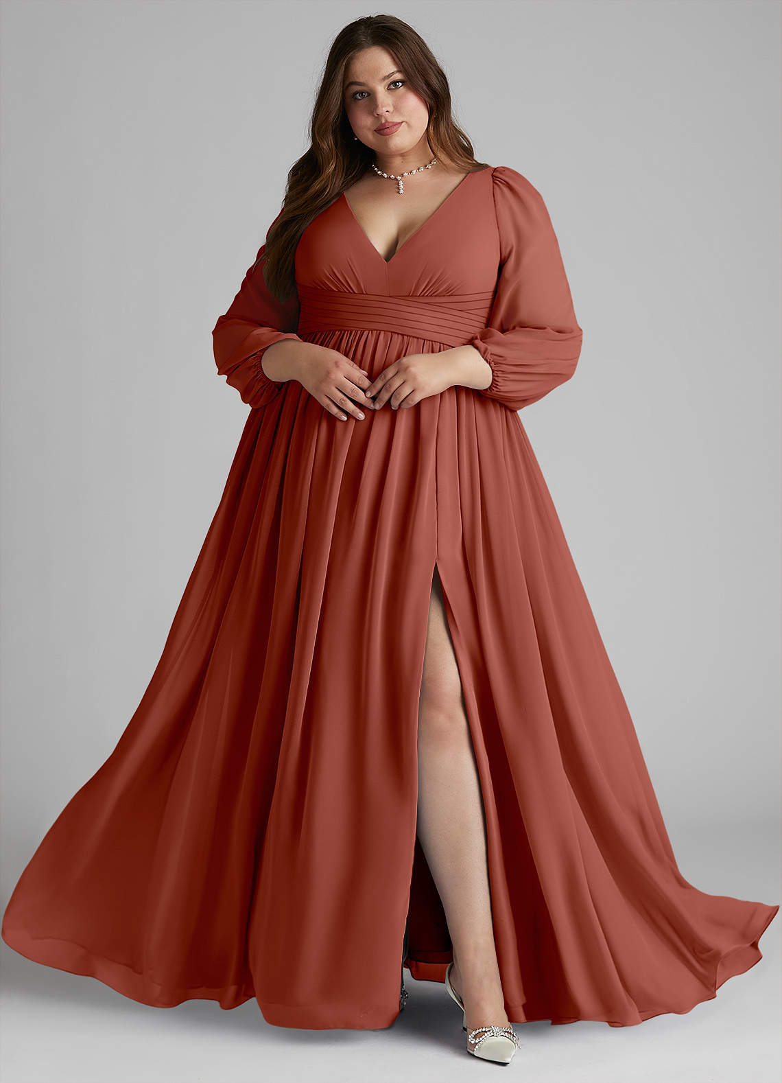 Azazie Norah Bridesmaid Dresses Auburn A-Line V-Neck Long Sleeve Chiffon Dress image7