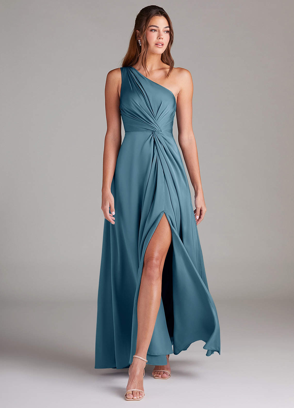 Azazie Brooke Bridesmaid Dresses Bermuda A-Line One Shoulder Stretch Satin Dress image2
