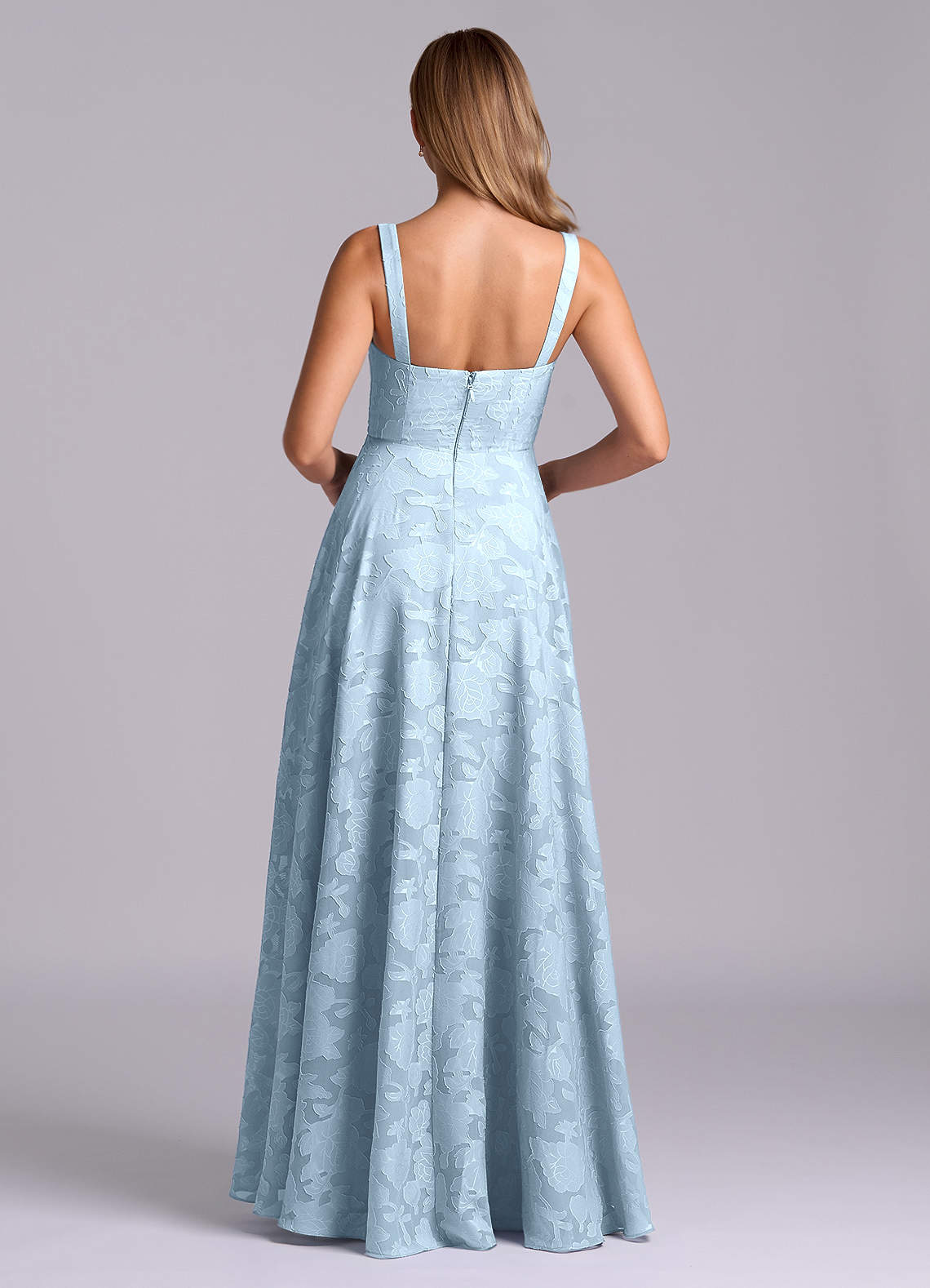 Azazie Shaude Bridesmaid Dresses Sky Blue A-Line Pleated Floral Burnout Dress image1
