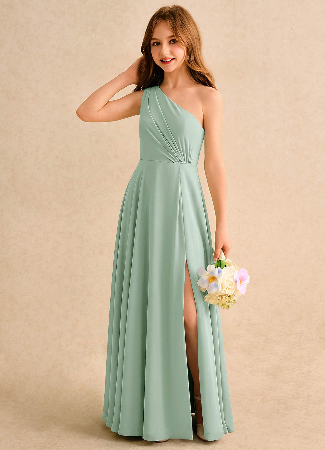 Azazie Puddles Girls Formal Abiti da Ragazza di Fiori Abito A-Line in Chiffon Monospalla Agave image2