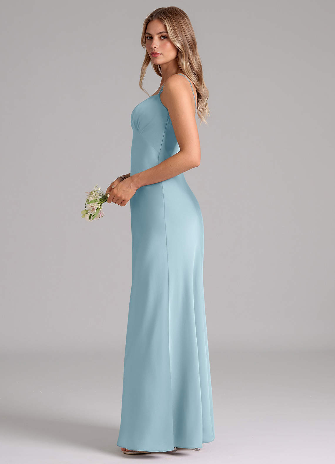 Azazie Suttona Vestidos de damas de honor Vestido de Azul Malhumorado de Satén Elástico de Corte en A con Plisado image4