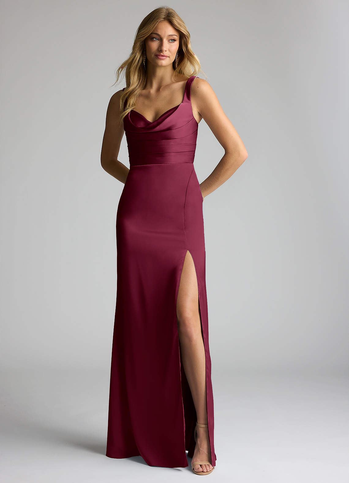 Azazie Elida Bridesmaid Dresses Mulberry Sheath Pleated Stretch Satin Dress image1