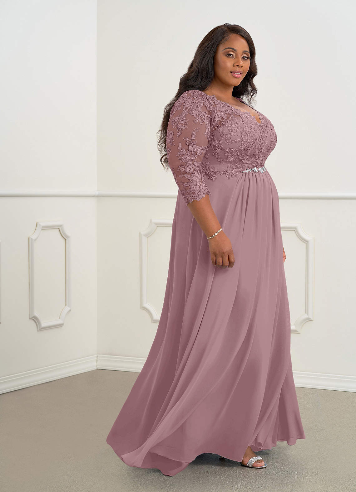 Azazie Hayek Mother of the Bride Dresses Dusty Rose A-Line V-Neck Lace Chiffon Dress image7