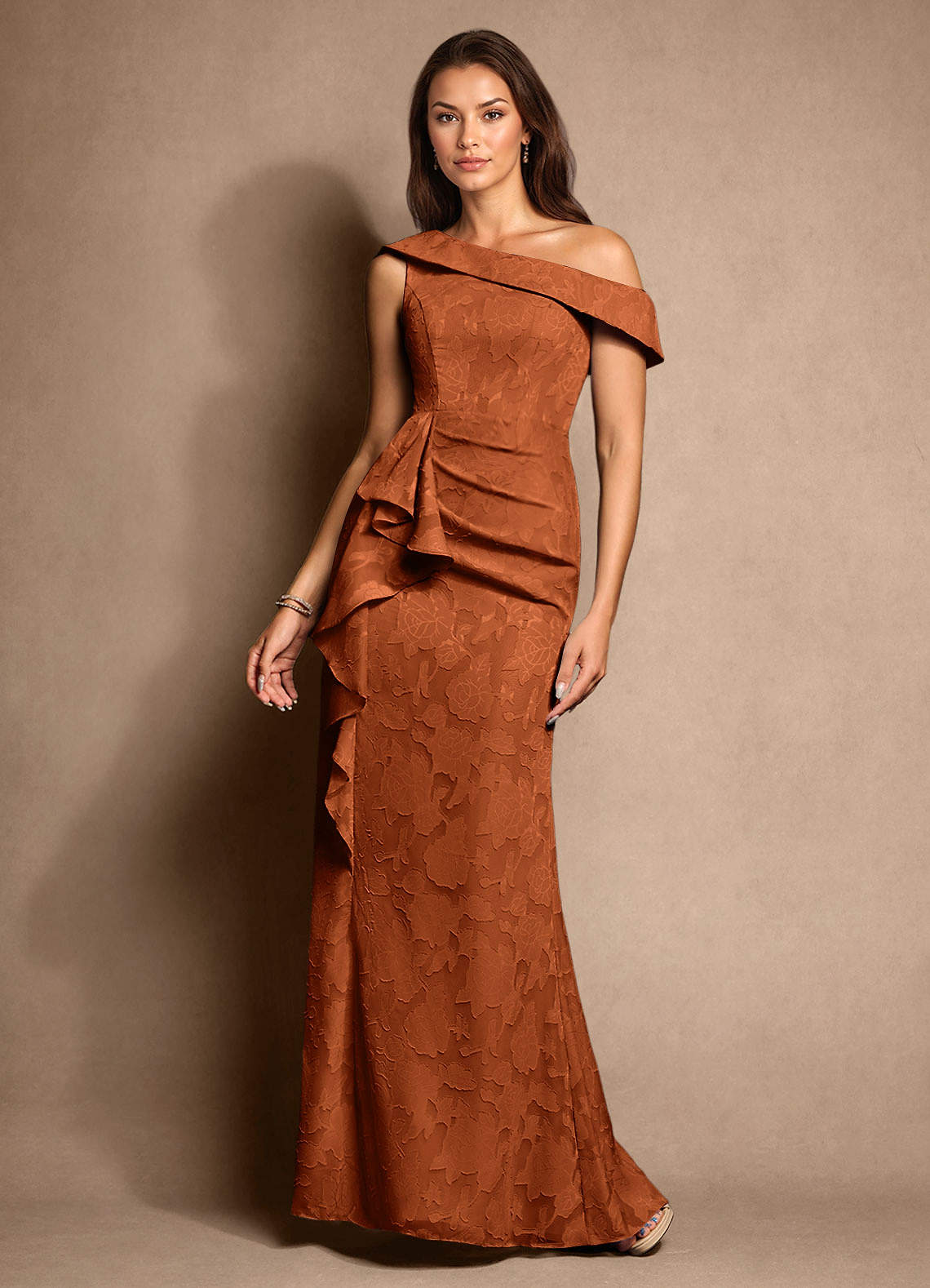 Azazie Hamptons Mother of the Bride Dresses Burnt Orange A-Line Pleated Floral Burnout Dress image1