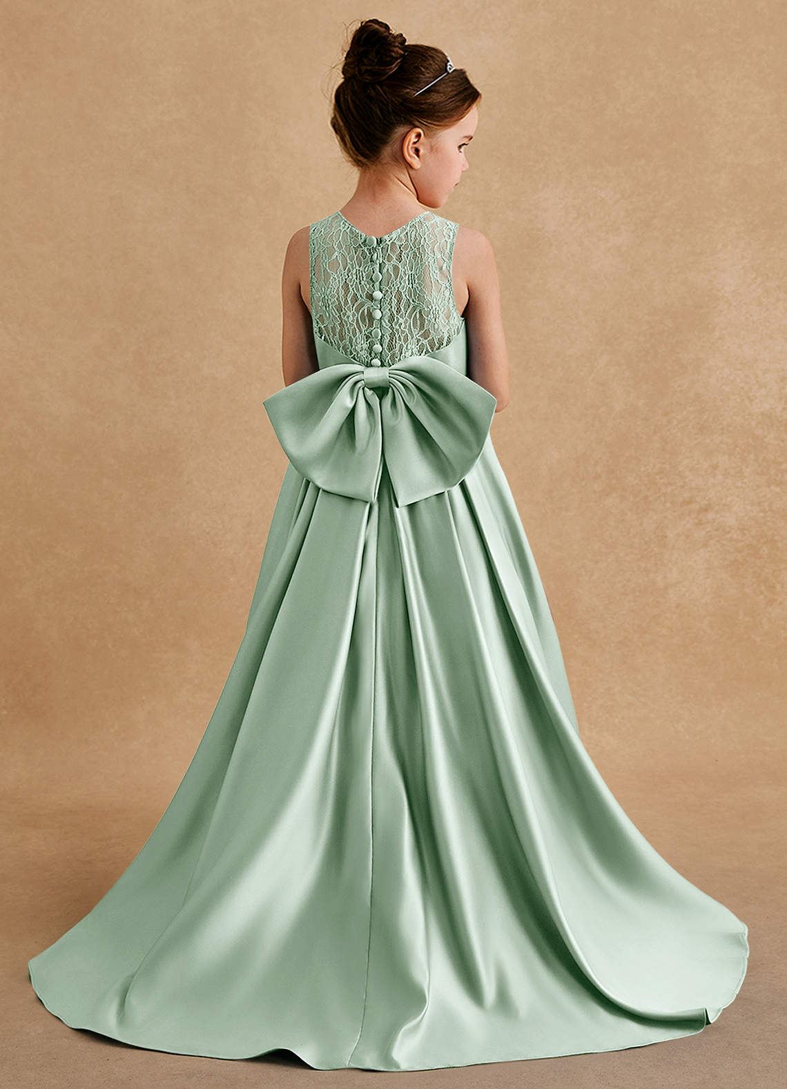 Azazie Sammy Flower Girl Dresses Agave A-Line Lace Matte Satin Dress image1