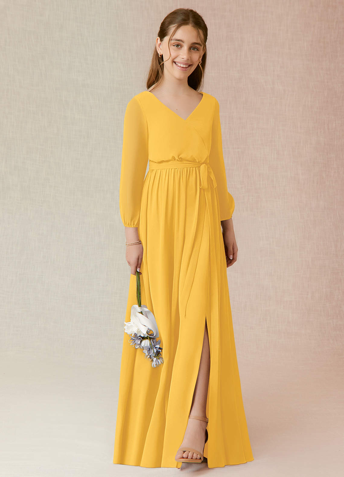 Half Sleeve Lace Bodice Chiffon Junior Bridesmaid Dresses Marigold main image 0