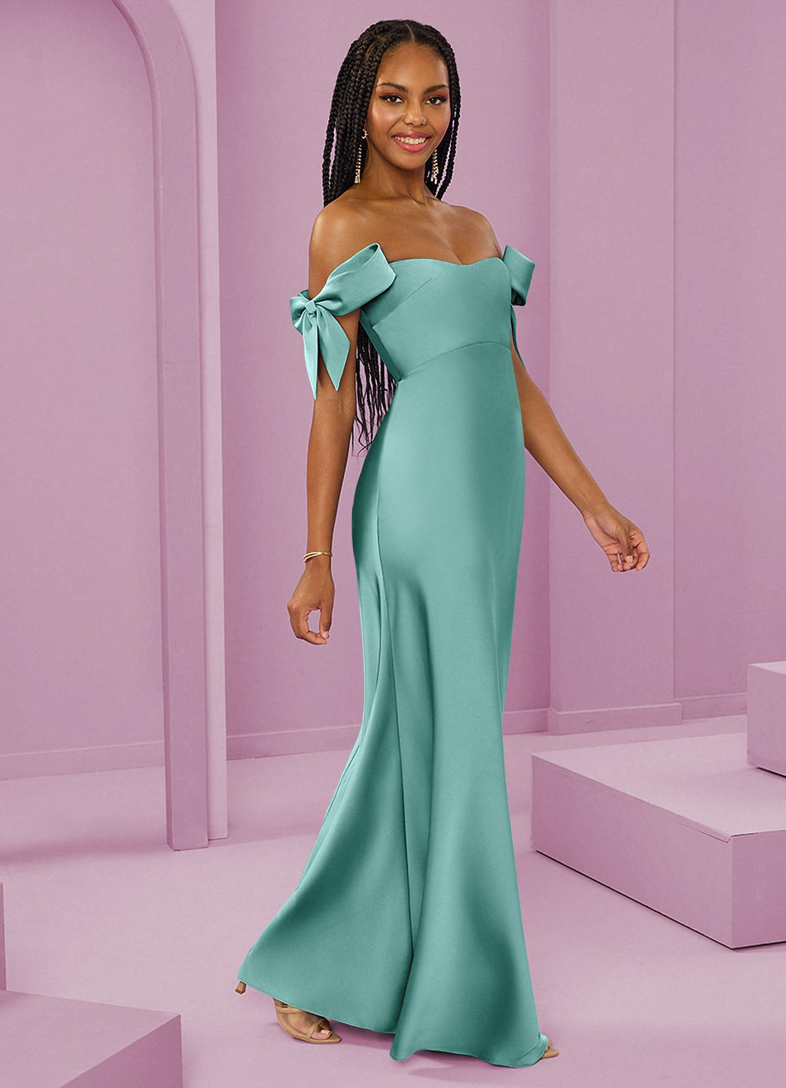 Barbie ♥ Azazie Bridesmaid Dresses Aqua Sheath Off the Shoulder Stretch Satin Convertible Dress image1