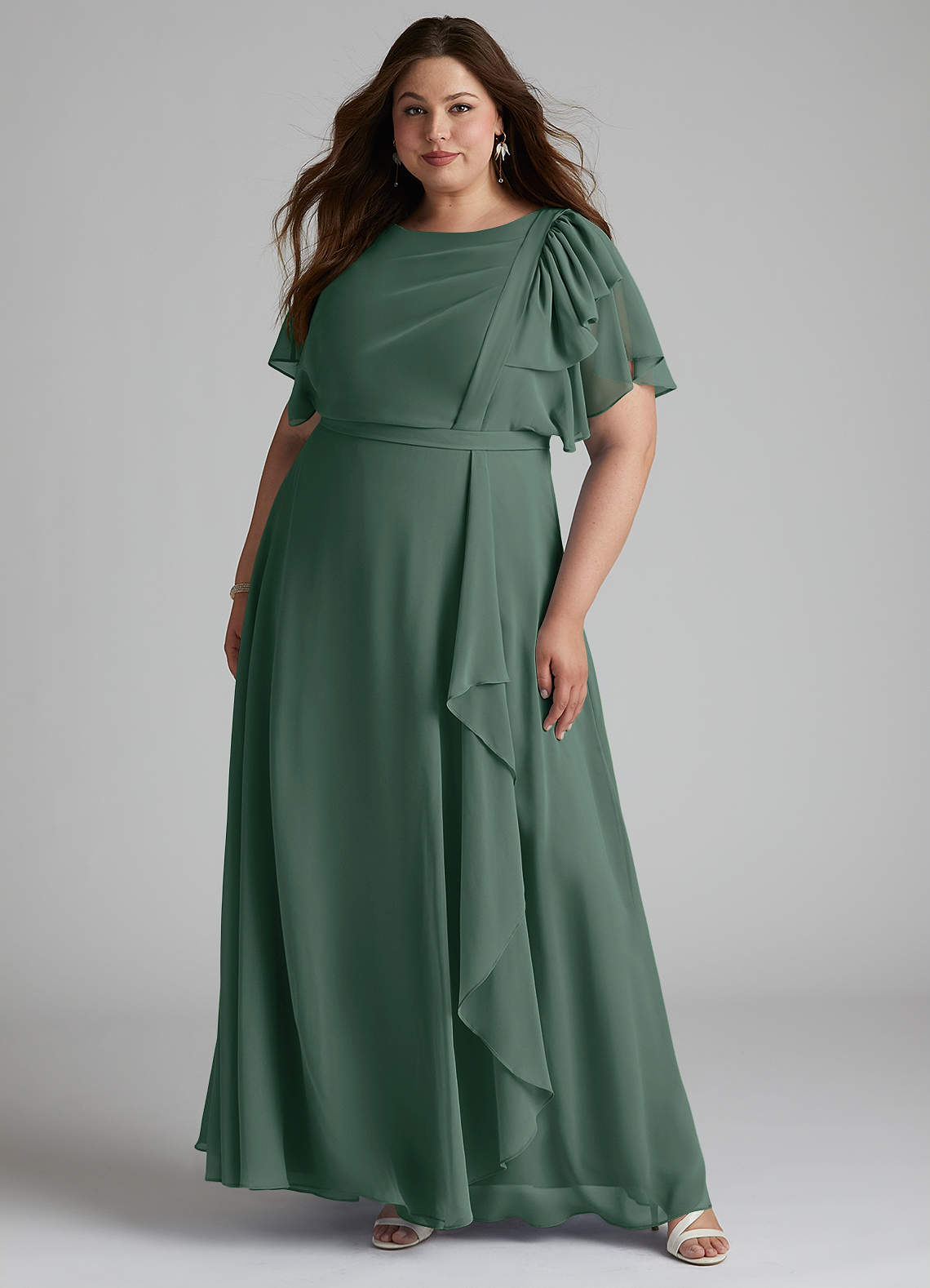 Azazie Aaliyah Modest Bridesmaid Dresses A-Line Scoop Pleated Chiffon Floor-Length Dress image1