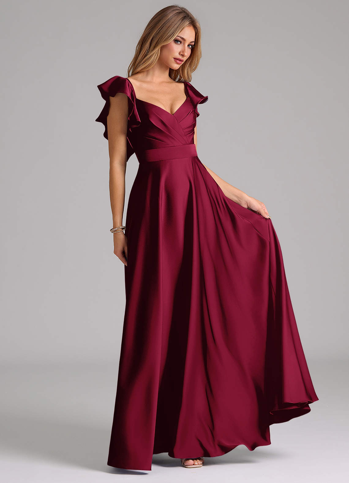 Azazie Leilani Bridesmaid Dresses Burgundy A-Line Ruched Stretch Satin Dress image3