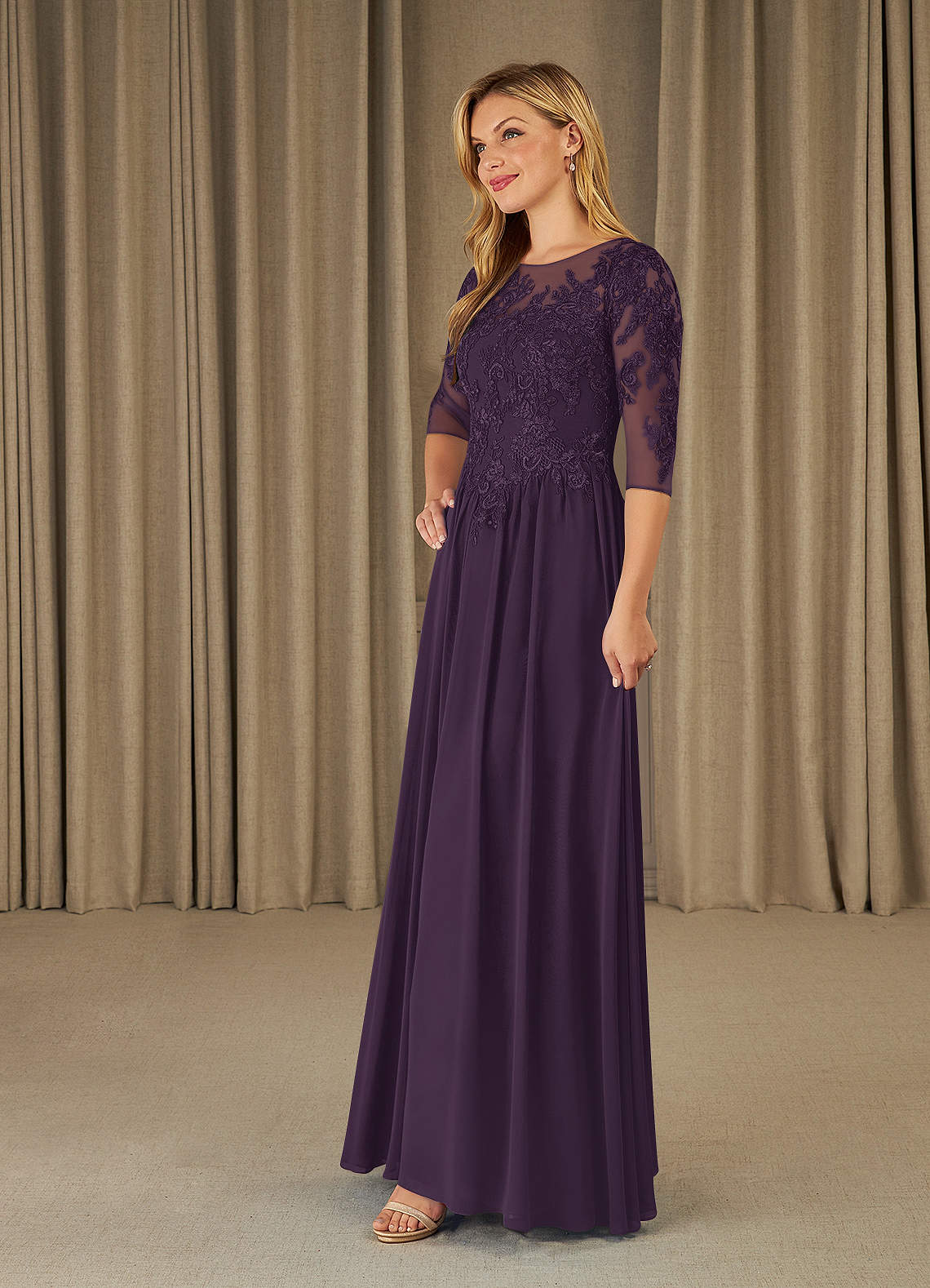 Azazie Mirielle Kleider für die Brautmutter A-Linie Schaufel Spitze Chiffon Kleid Pflaume image8
