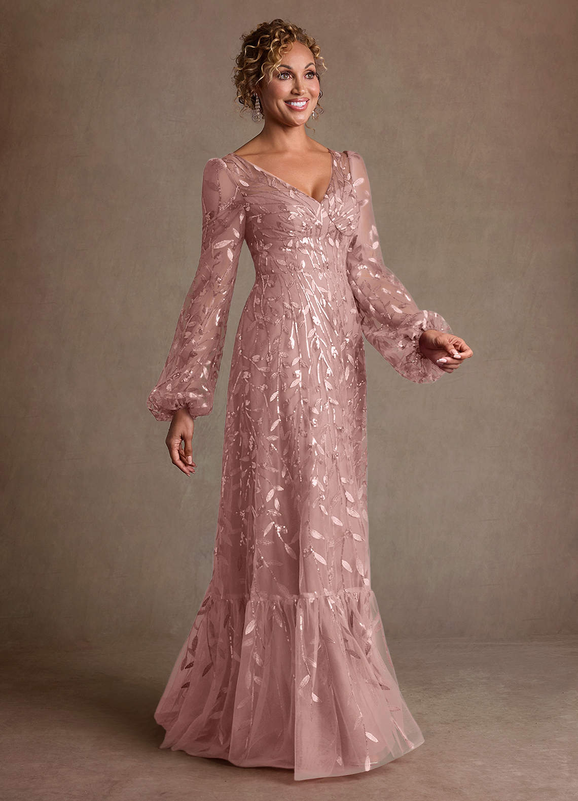 Azazie Mazie Vestidos para mãe da noiva Vestido Rosa Empoeirada de Tule de Linha A com Renda image3