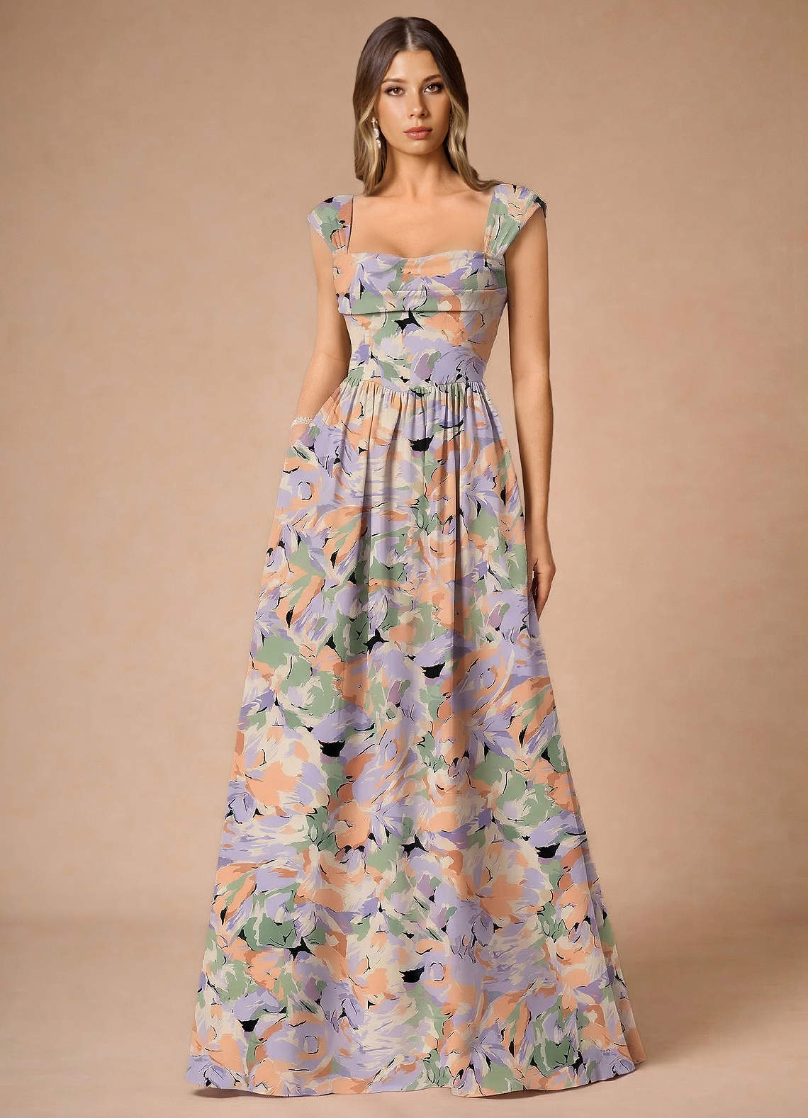 Azazie Plus Size Floor-Length Maxi Dresses A-Line Wedding Guest Semi-Formal Dresses Square Purple Green