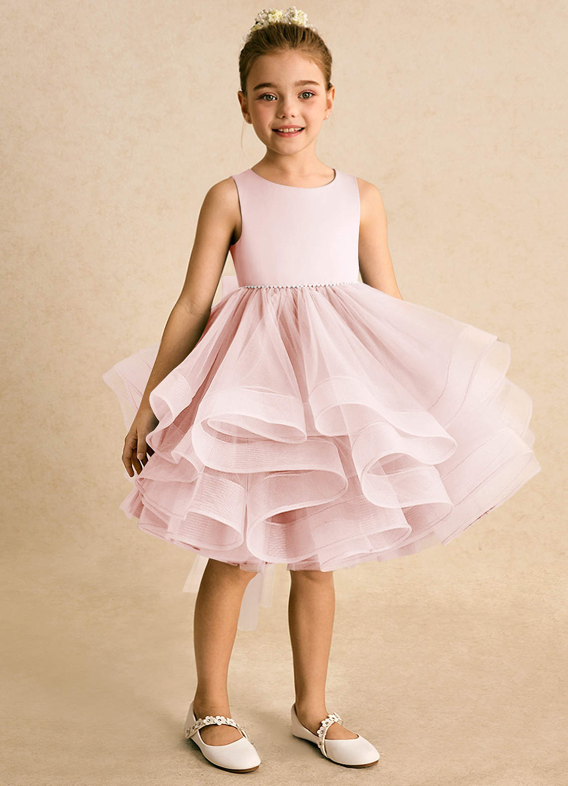 Azazie Tinie Flower Girl Dresses Blushing Pink Ball-Gown Bow Tulle Dress image1