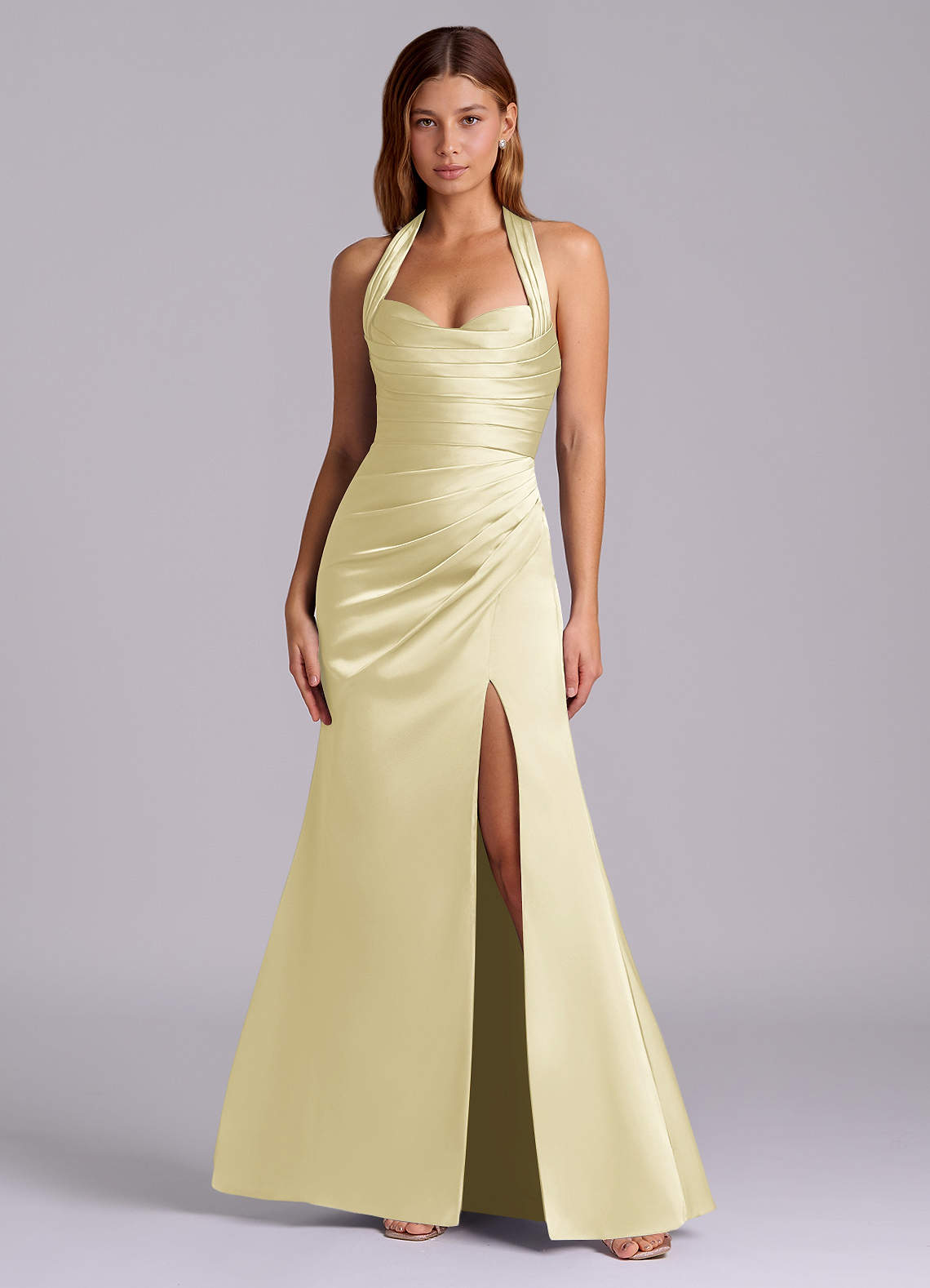 Azazie Mermaid Halter Neck Floor-Length Stretch Satin Bridesmaid Dresses - Lemon Sorbet