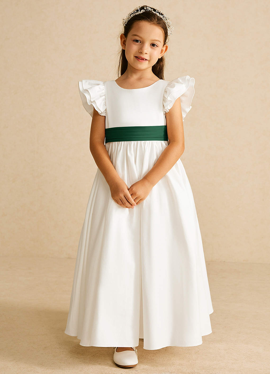 Azazie Aero Flower Girl Dresses Ivory Dark Green A-Line Pleated Cotton Dress image3