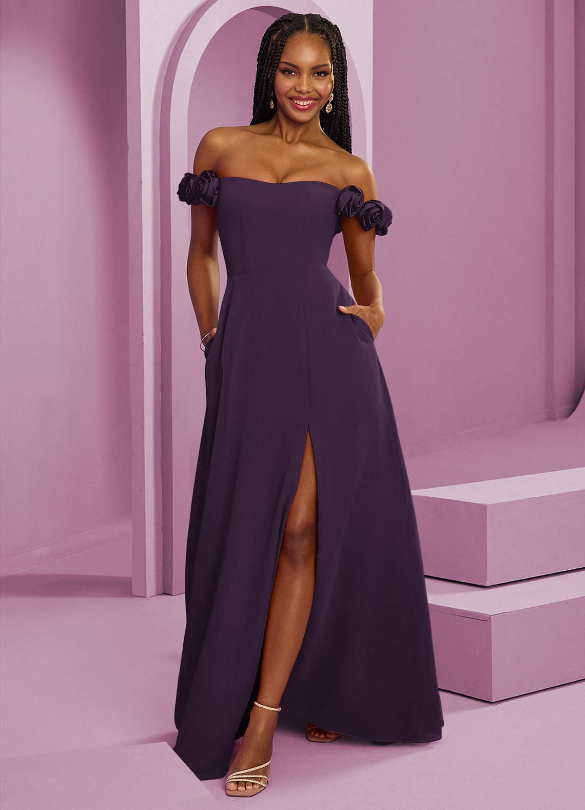 Barbie ♥ Azazie Abiti da Damigella Abito Convertibile A-Line in Chiffon a Spalla Scoperta Prugna image1