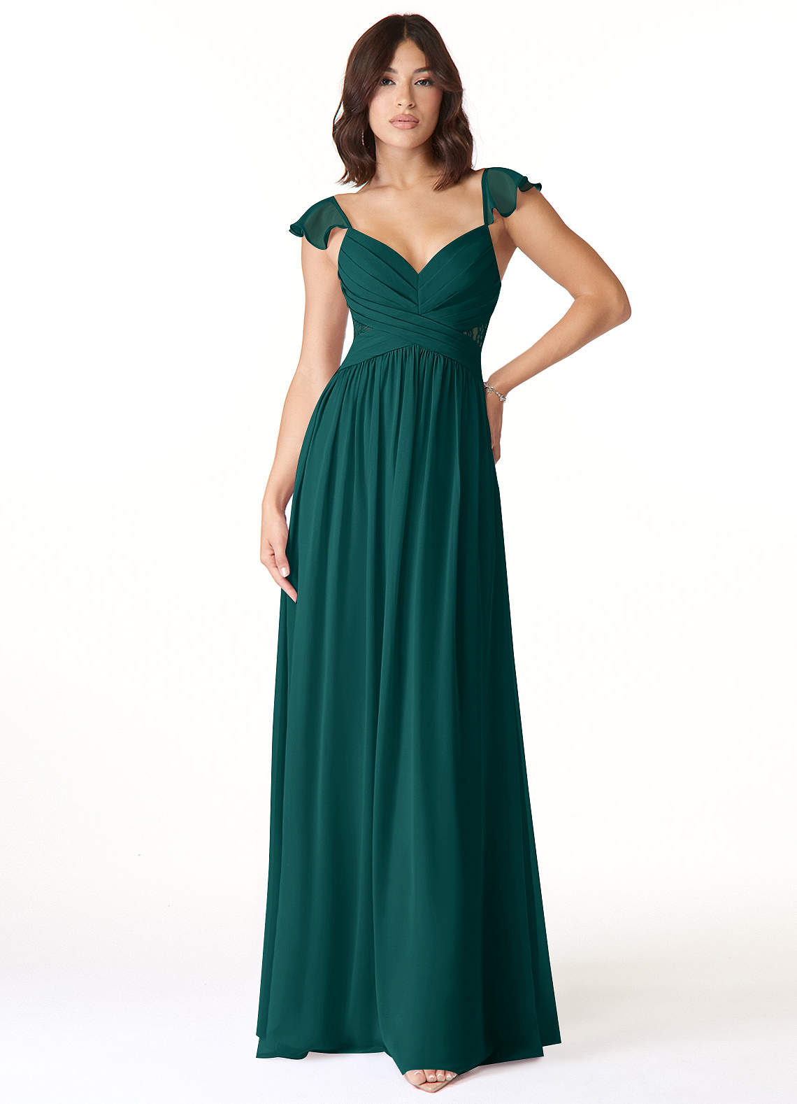 Azazie Lissa Bridesmaid Dresses Peacock A-Line Lace Chiffon Dress image1