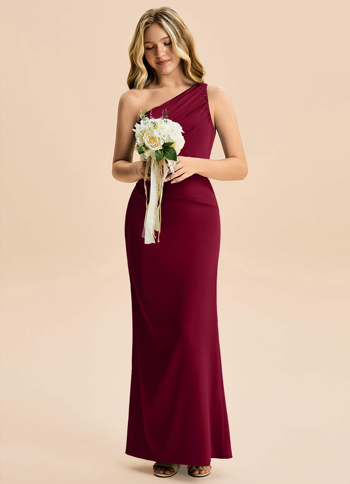 Azazie Akilah Junior Burgundy Sheath Pleated Stretch Satin Dress image3