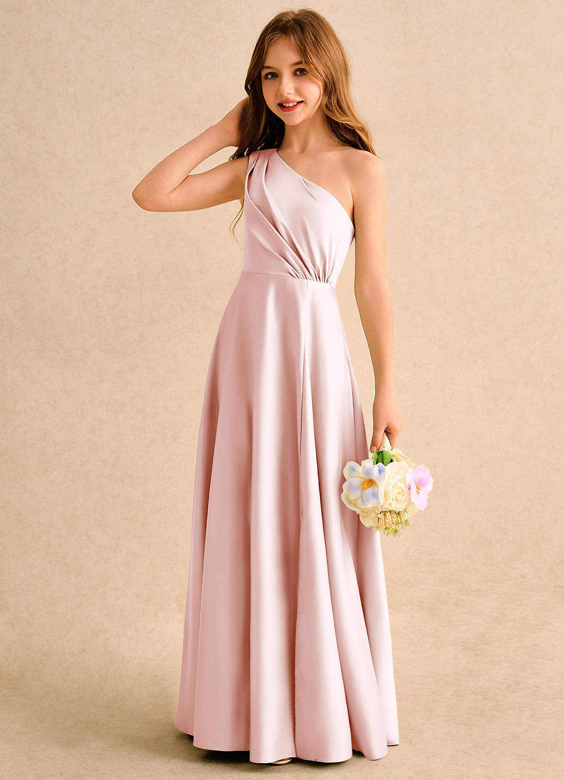 Azazie Puddles Girls Formal Sukienki dla dziewczynek sypiących kwiaty Linia A Jedno ramię Matowy satynowy Długość podłogi Sukienka image5