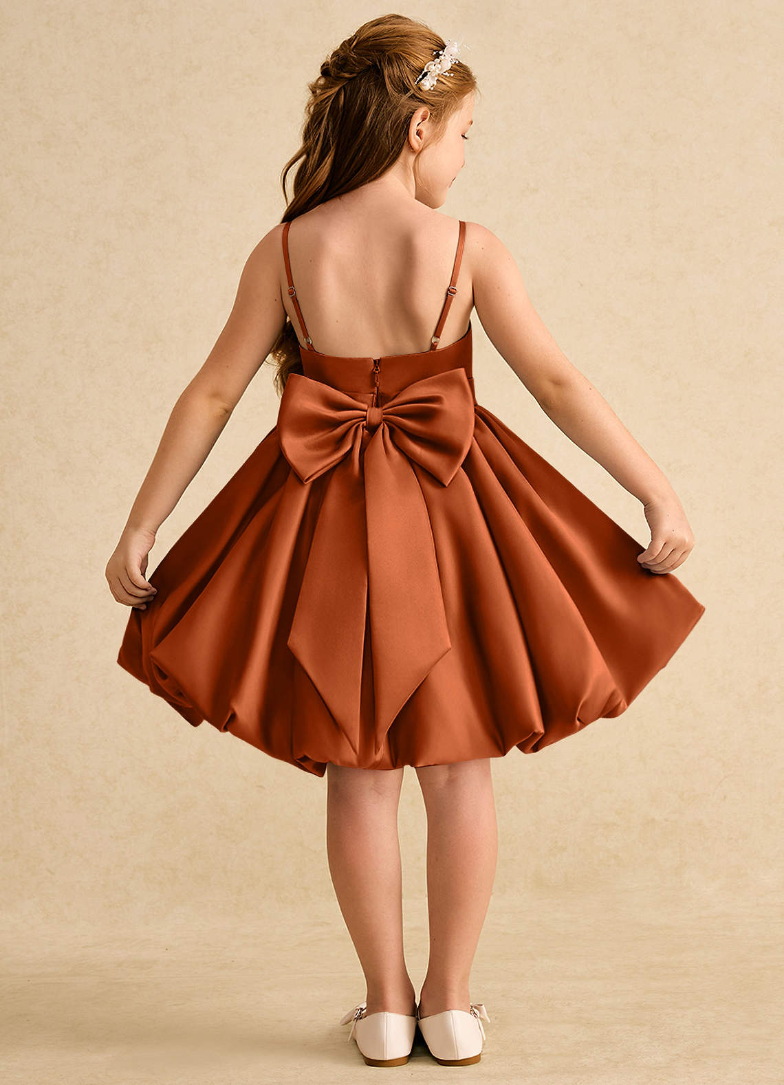 Azazie Davine Flower Girl Dresses Burnt Orange A-Line Spaghetti Strap Matte Satin Dress image1