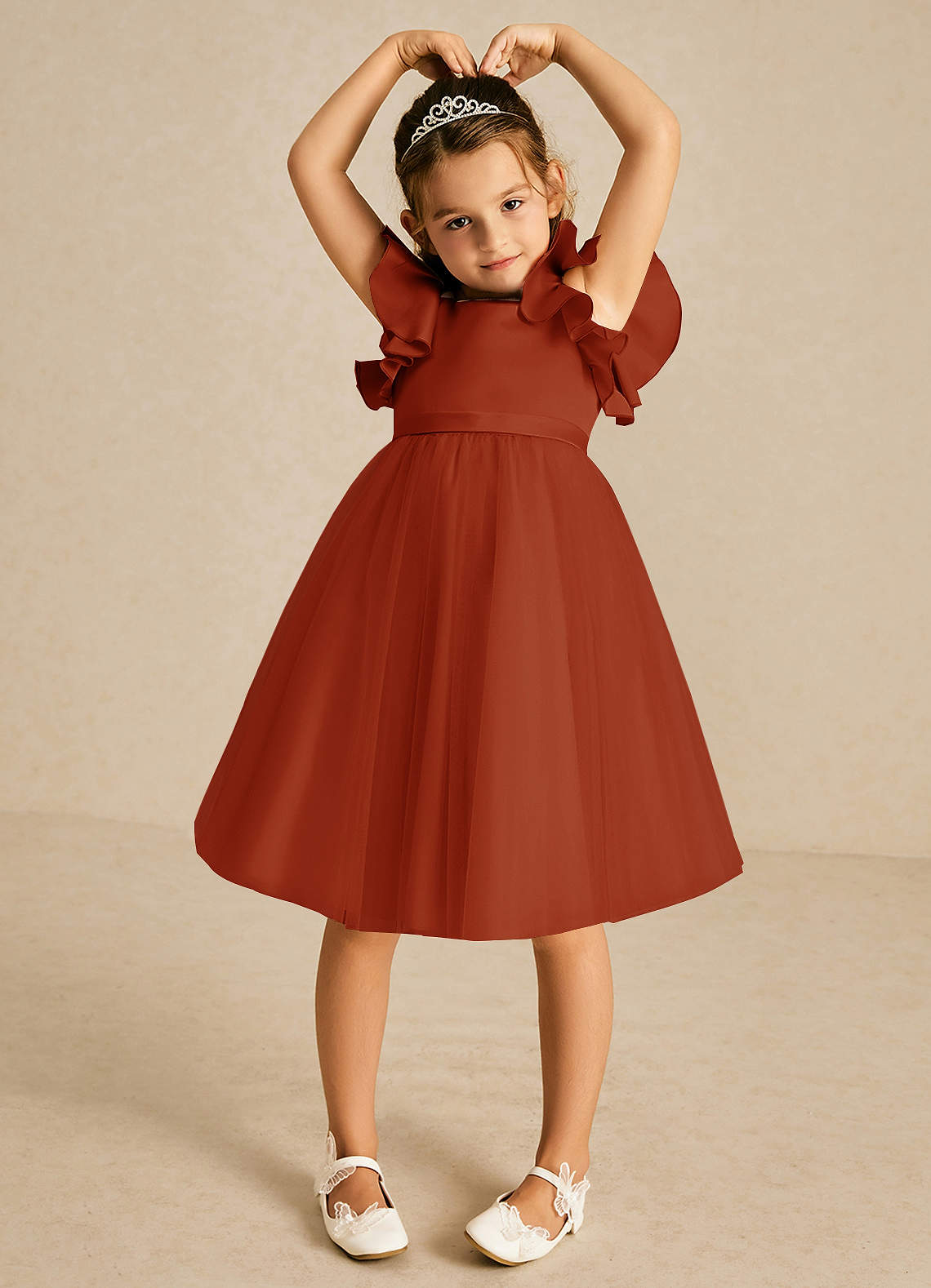Azazie Kaeya Flower Girl Dresses Paprika A-Line Bow Tulle Dress image2