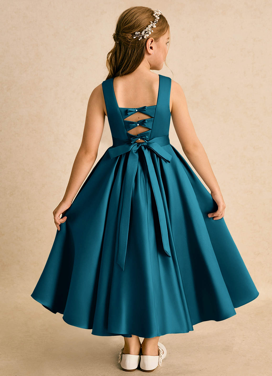 Azazie Junebuj Flower Girl Dresses Ink Blue Ball-Gown Pleated Matte Satin Dress image1