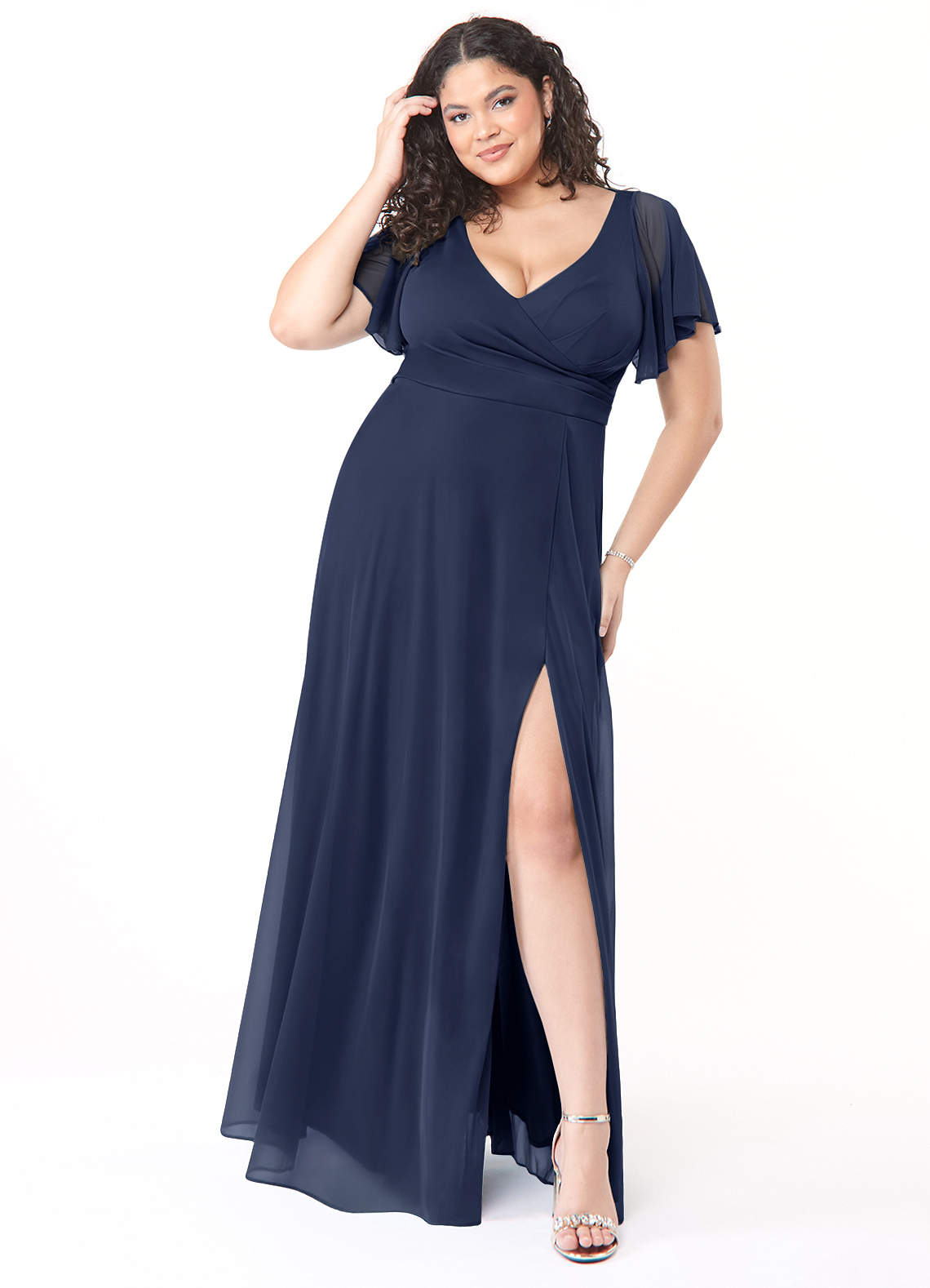 Azazie Induh Brautjungfernkleider A-Linie Flattert V-Hals Gittergewebe Kleid Dunkelmarine image1