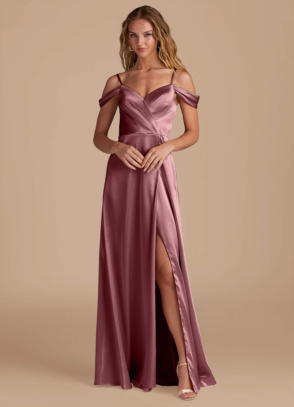 Azazie Ocean Bridesmaid Dresses Vintage Mauve A-Line Off the Shoulder Metallic Satin Dress image1