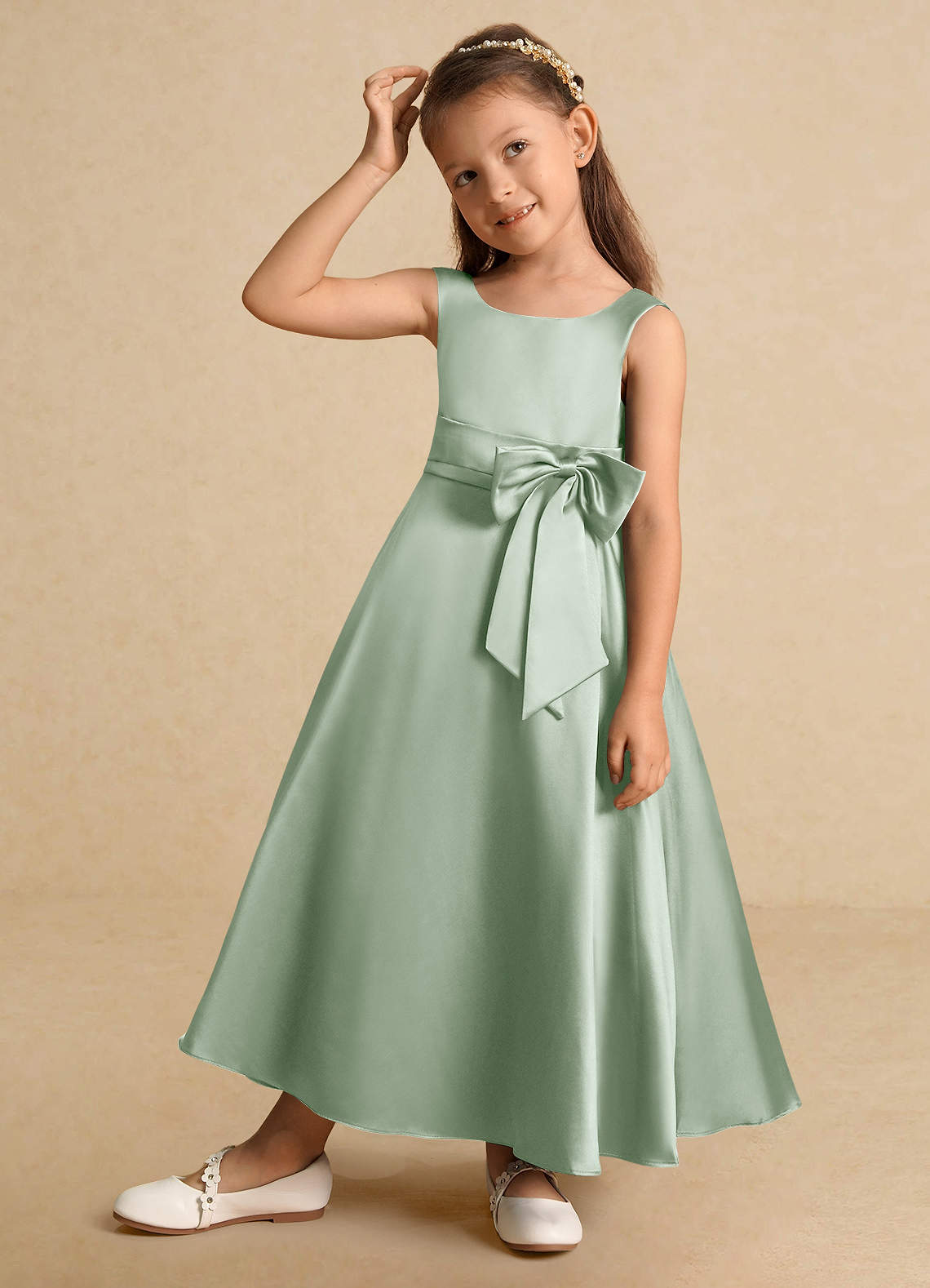 Azazie Lindy Flower Girl Dresses Agave A-Line Pleated Matte Satin Dress image3