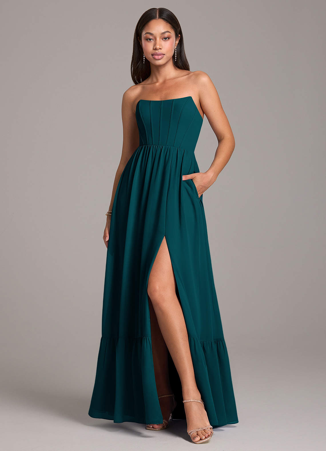 Azazie Kailee Bridesmaid Dresses Pine A-Line with Pockets Chiffon Dress image1
