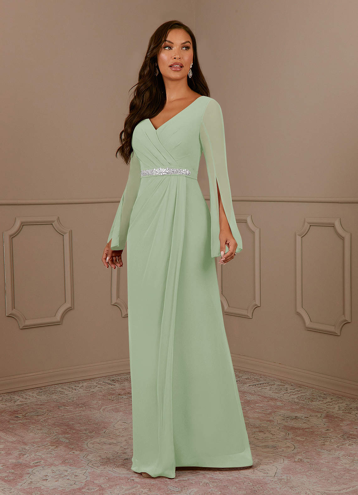 Azazie Belinda Mother of the Bride Dresses Dusty Sage A-Line V-Neck Pleated Chiffon Dress image1