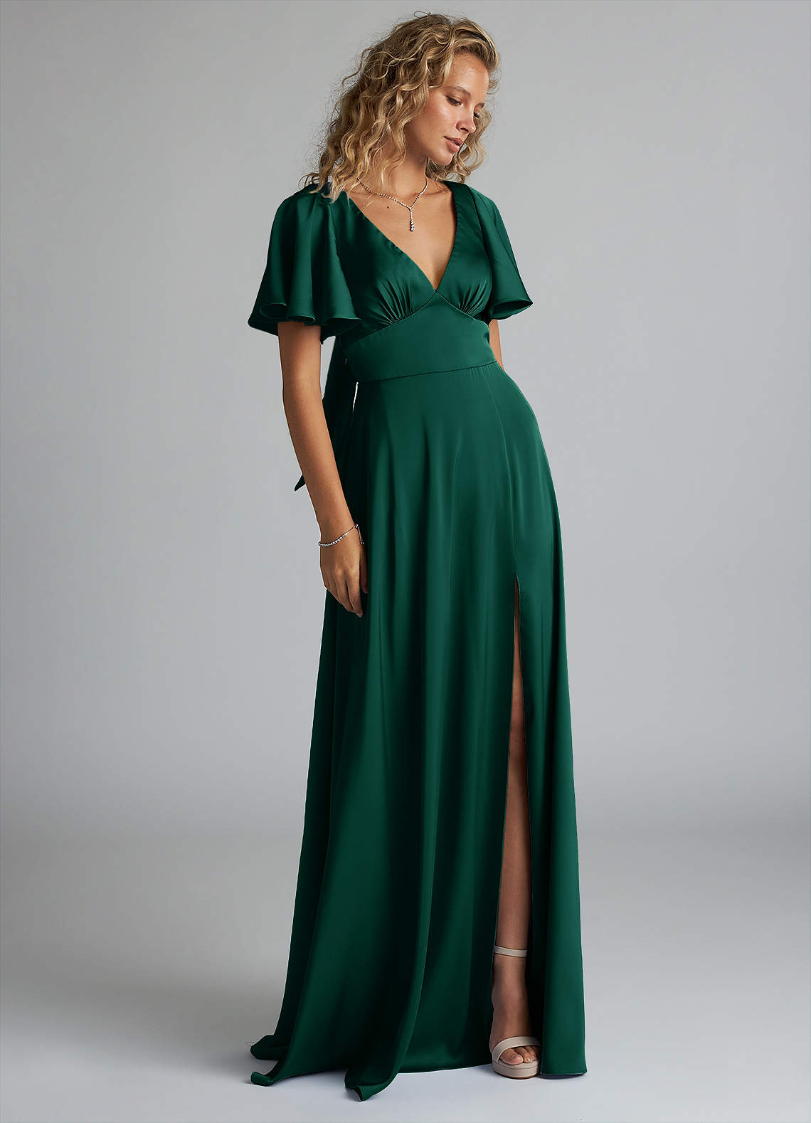Azazie Kimber Bridesmaid Dresses Emerald A-Line Ruched Stretch Satin Dress image3